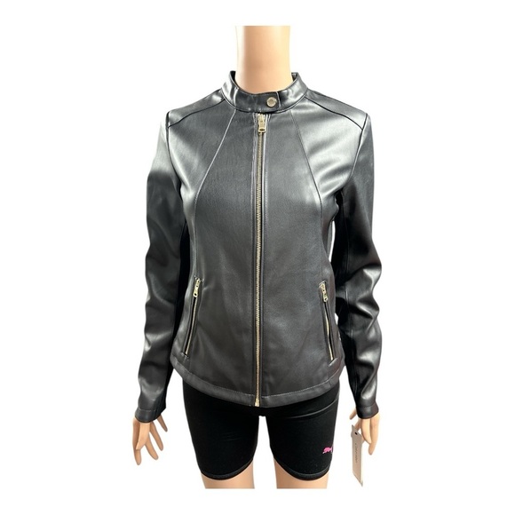 Calvin Klein - NWT - Black Vegan Leather Jacket with Stand-Up Collar - Picture 1 of 7